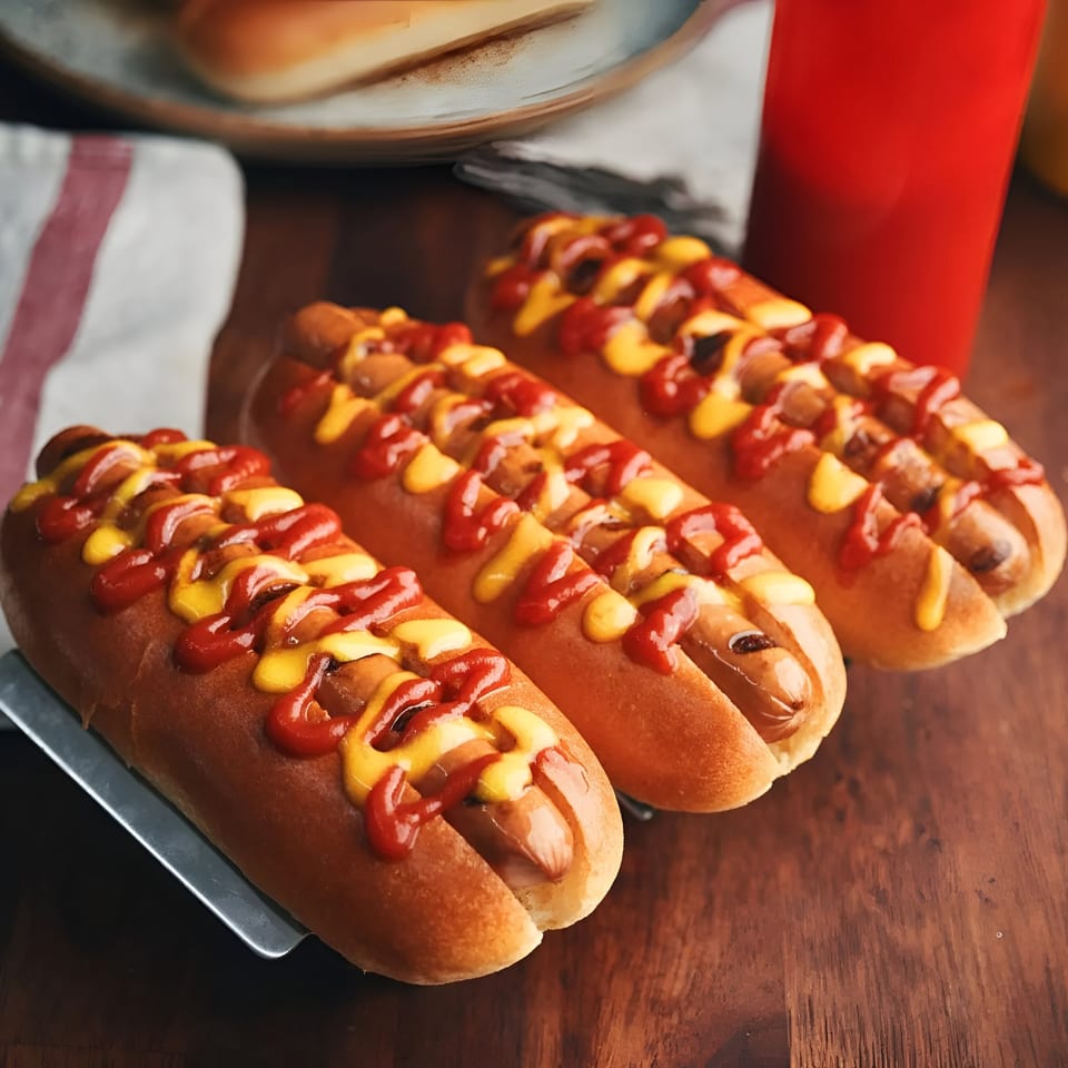 Three hot dogs with ketchup and mustard on a wooden table, with a red cup in the background.
