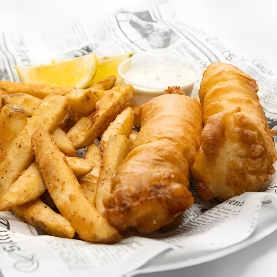 Golden-brown fish and chips with lemon wedges and tartar sauce, served on newspaper-print paper.
