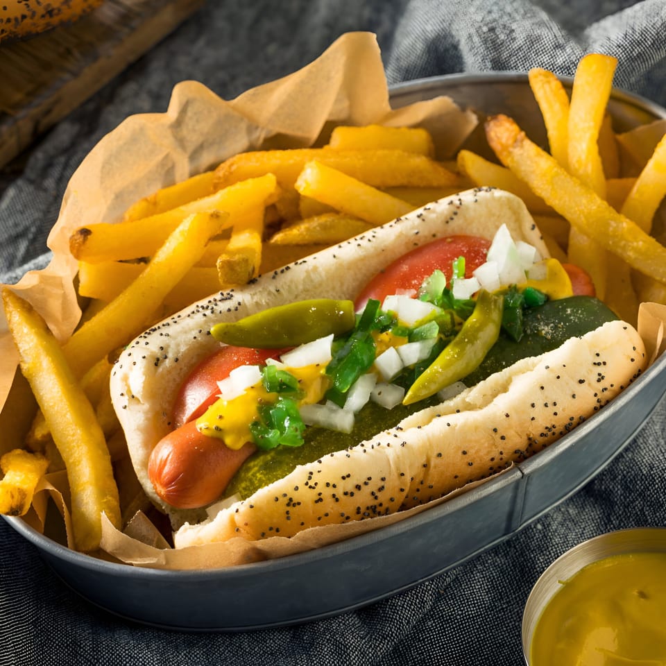 A Chicago-style hot dog with fries in a metal tray, with mustard on the side.