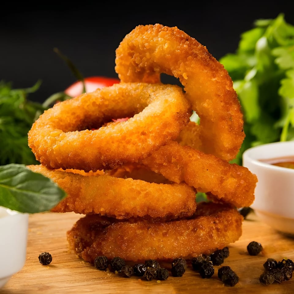 Crispy golden onion rings stacked on a wooden board with black peppercorns and dipping sauces.