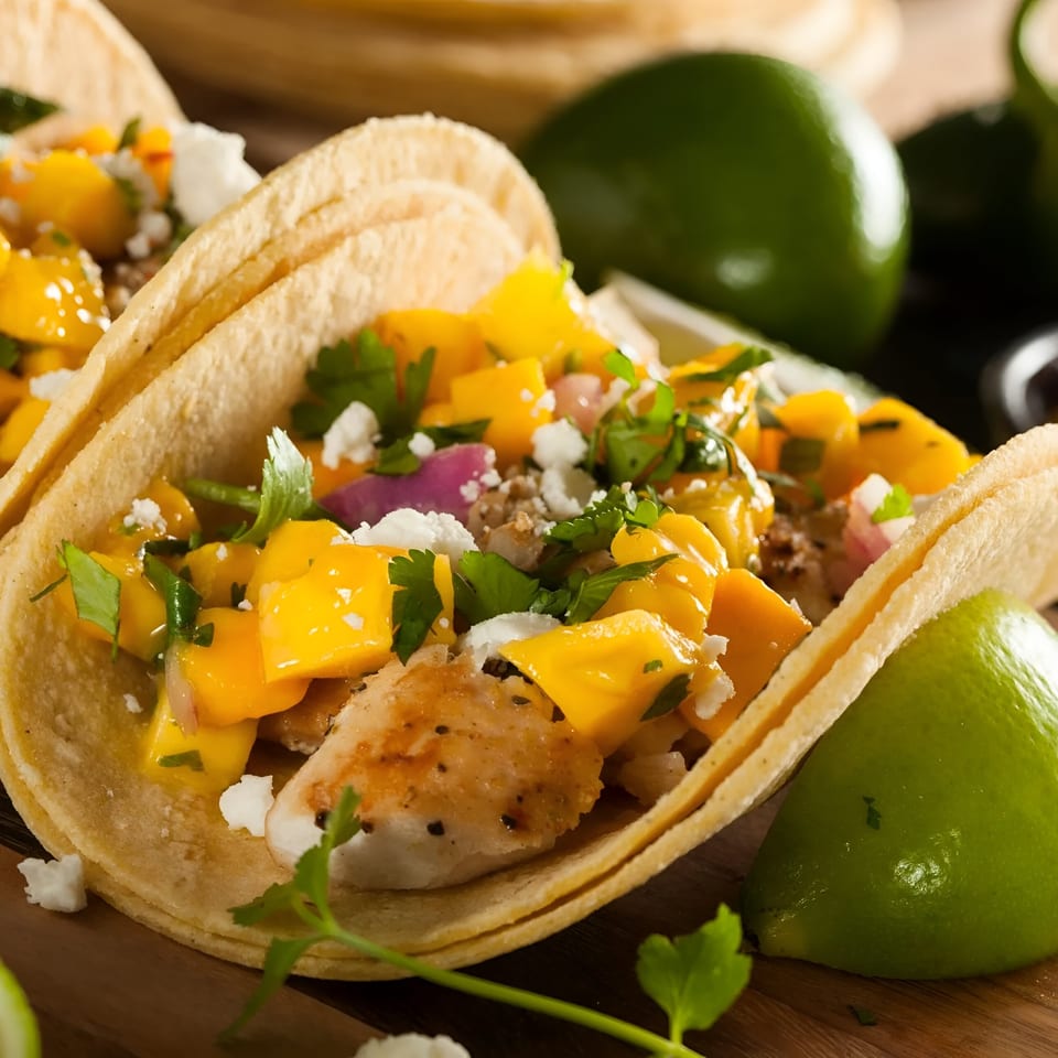 Close-up of two fish tacos with mango salsa, crumbled cheese, and cilantro, with limes.