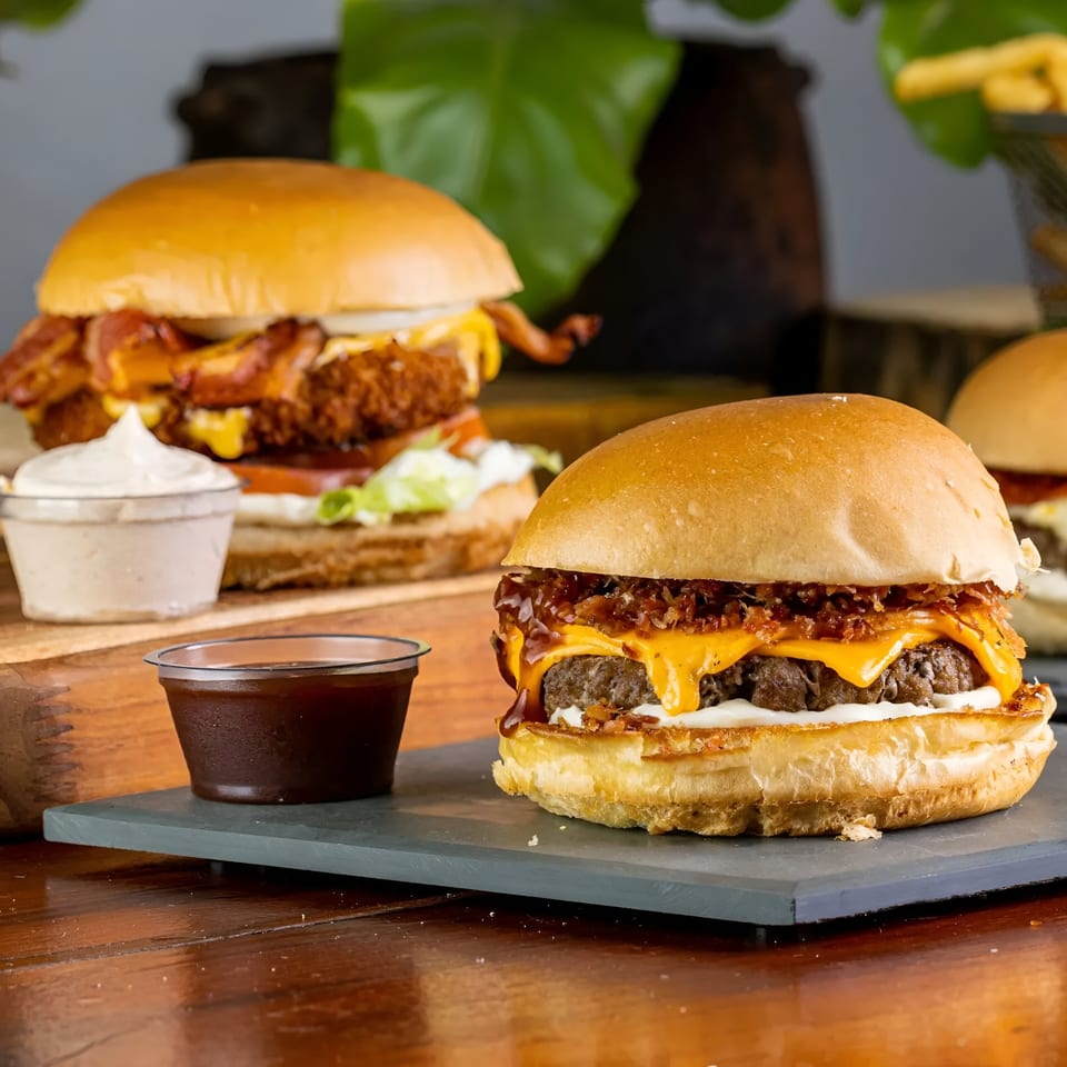 Two delicious burgers from The Burger Shop, one with BBQ sauce and the other with bacon.